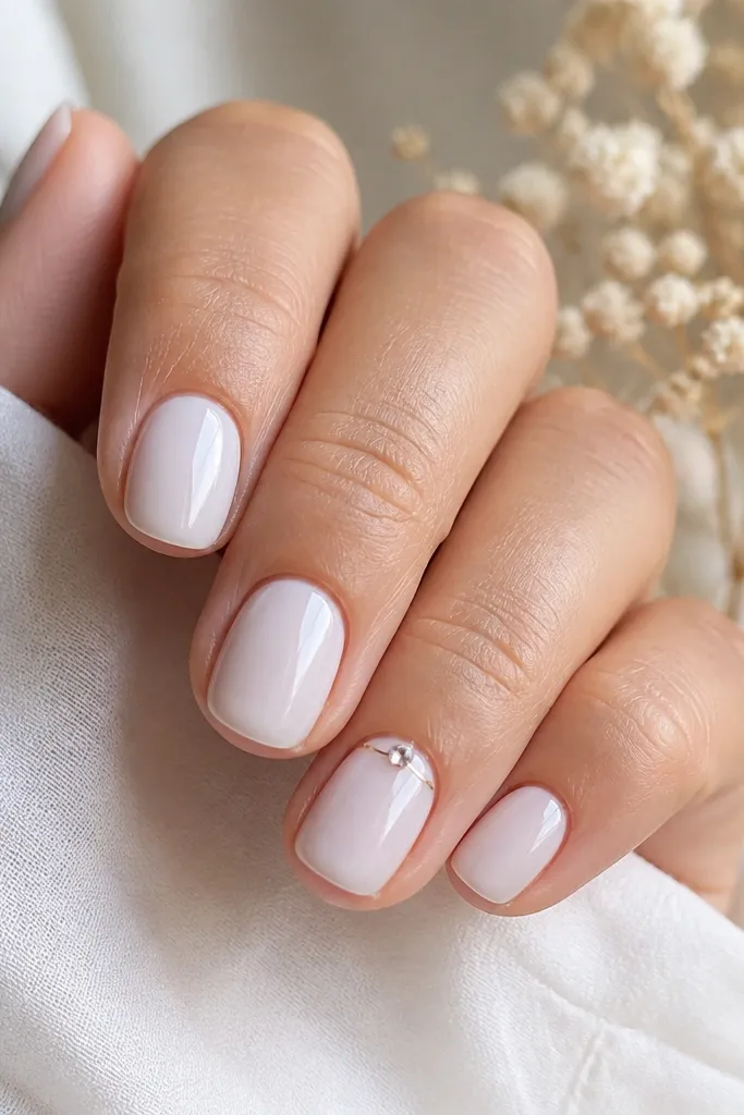 Short milky white nails; on one accent nail, a thin half-moon sits at one corner near the cuticle and a single tiny clear crystal rests at the top of the curve; glossy.