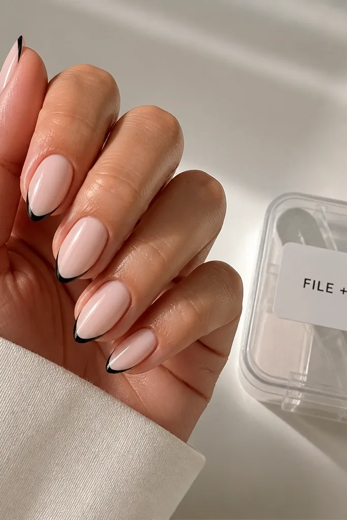 Five short stiletto nails on a hand: a milky nude base with a thin black micro French line at the free edge, glossy finish. A small clear organizer case sits beside the hand with a white label sticker reading "FILE + OIL" in block letters.