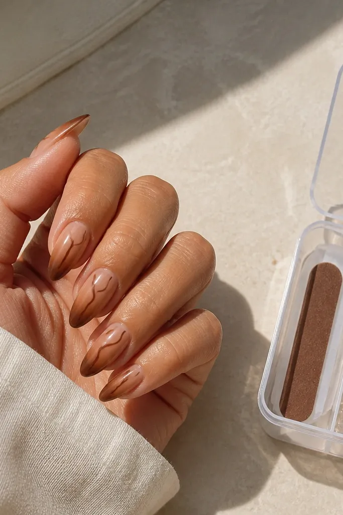 Short stiletto nails with a warm brown base that fades lighter toward the tip, topped with thin chocolate-brown swirl lines. Next to the nails is a small flat nail file inserted into a clear compartment box.