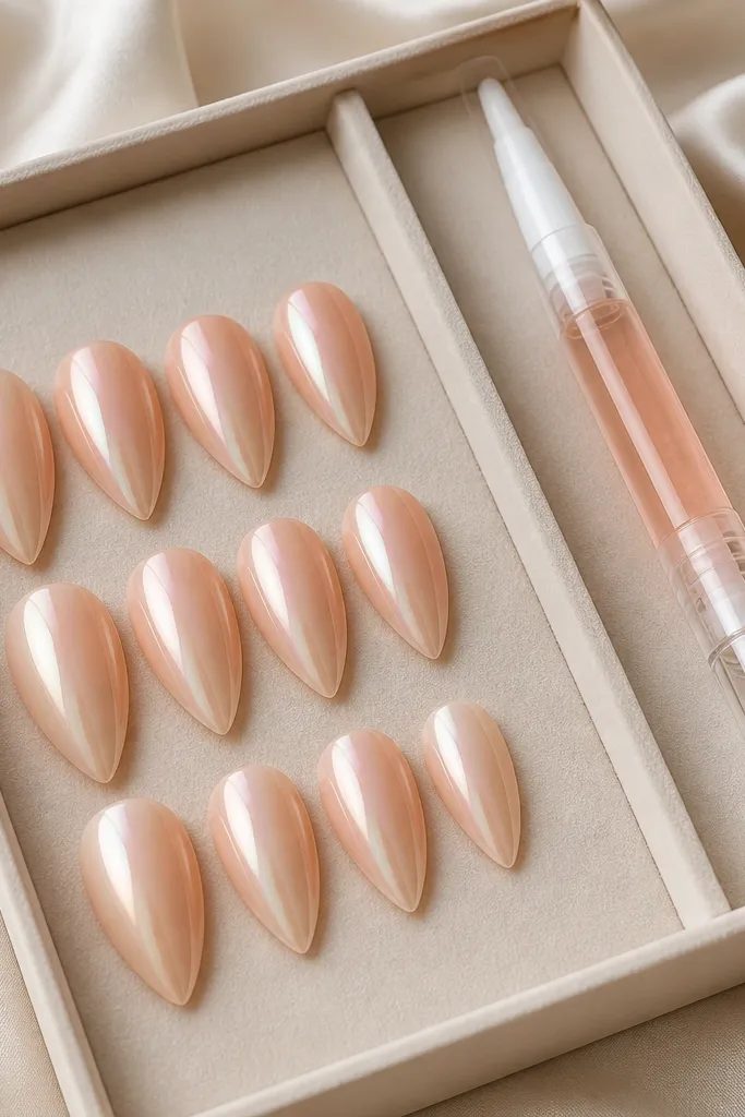 Short stiletto nails painted a soft peach with a glossy glazed chrome look, subtle rainbow shift. A small cuticle oil pen is shown in a separate compartment next to the nails.