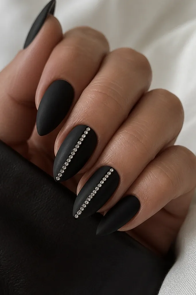 Short stiletto nails in deep black matte. On two accent nails, there is a single glossy line of black gel with a row of tiny clear crystals following the center.