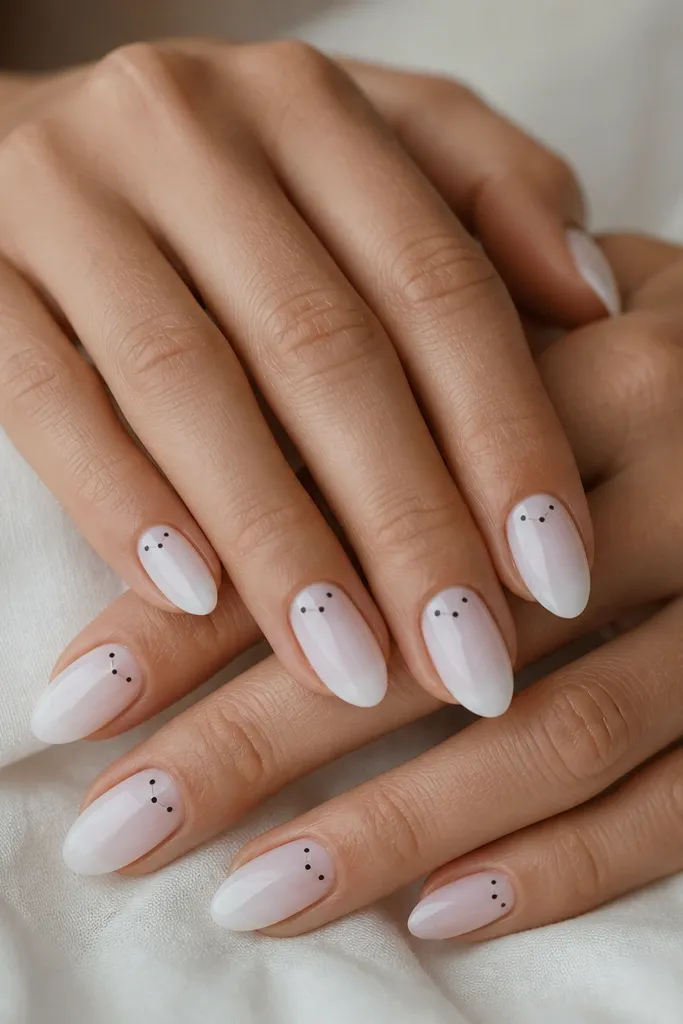 Short stiletto nails in glossy sheer white, with small black dots arranged like a constellation near the cuticle area. The dots are sparse and crisp.