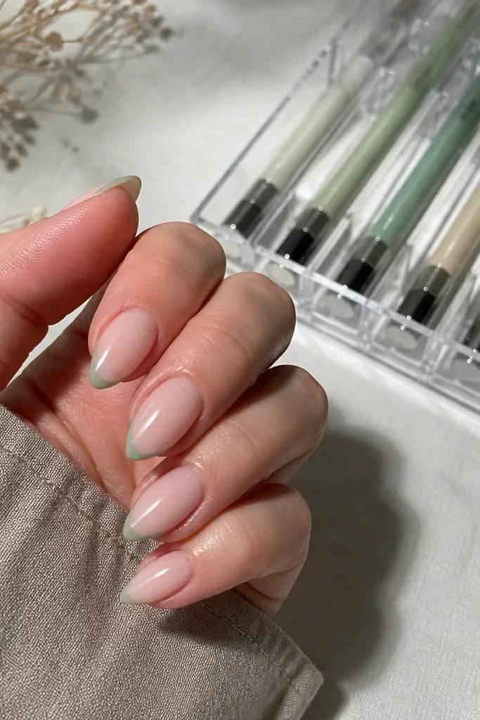 Short stiletto nails with a nude base and a super-thin sage green French line at the tip. A clear organizer shows gel liner pens in separate compartments.
