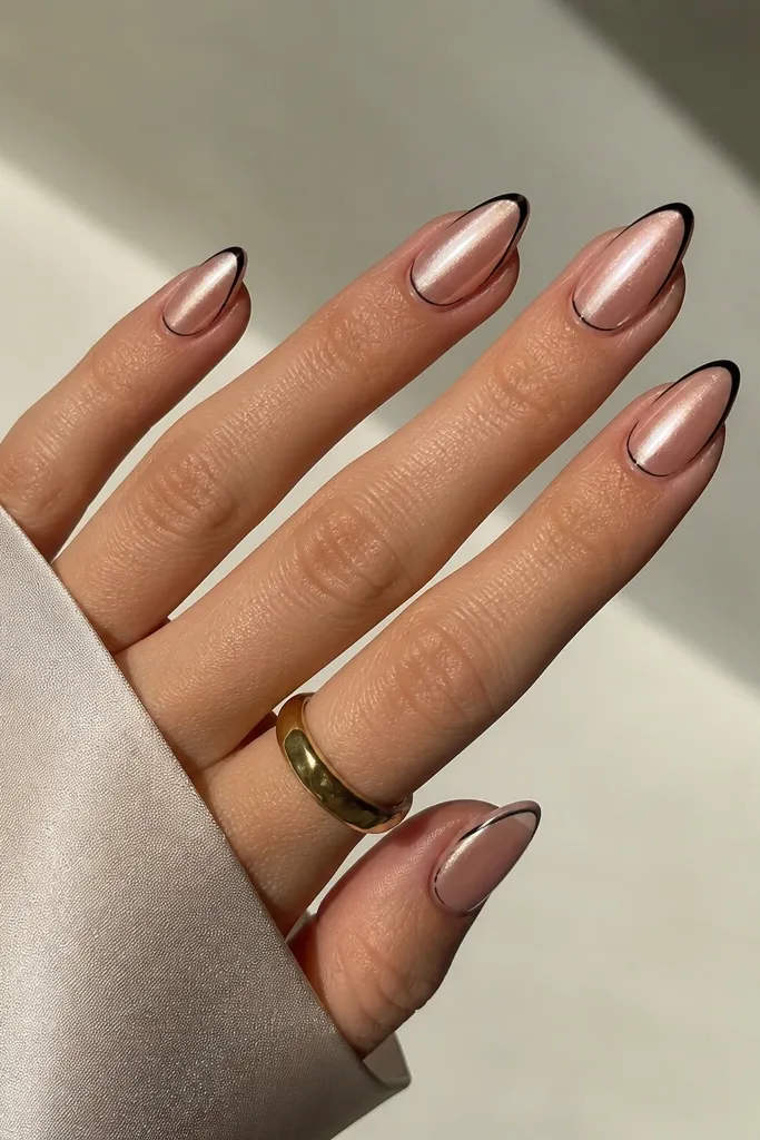 Short stiletto nails with nude-chrome shine. A thin black outline traces the tip edge like a frame, with the center remaining nude-chrome.