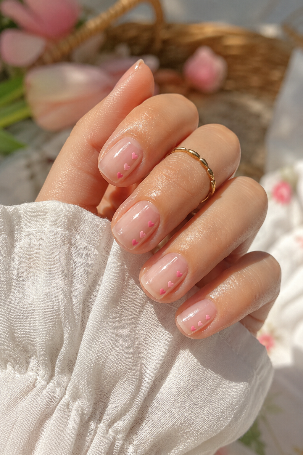Short stiletto nails in a glossy clear jelly nude. Tiny pink hearts sit along the left side wall of each nail, facing the viewer.