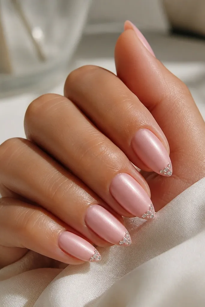 Short stiletto nails in satin pink (slightly soft sheen). Each nail has a tiny cluster of 3-5 clear rhinestones sitting right at the free edge, centered.