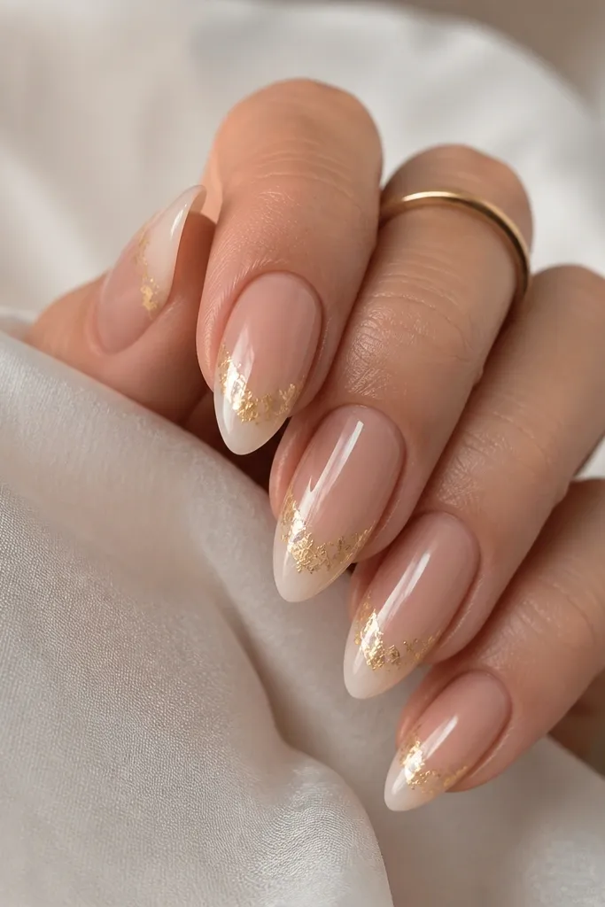 Short stiletto nails with nude gradient from nude base to slightly lighter tip. Gold leaf pieces form a V shape pointing toward the tip. Glossy finish.