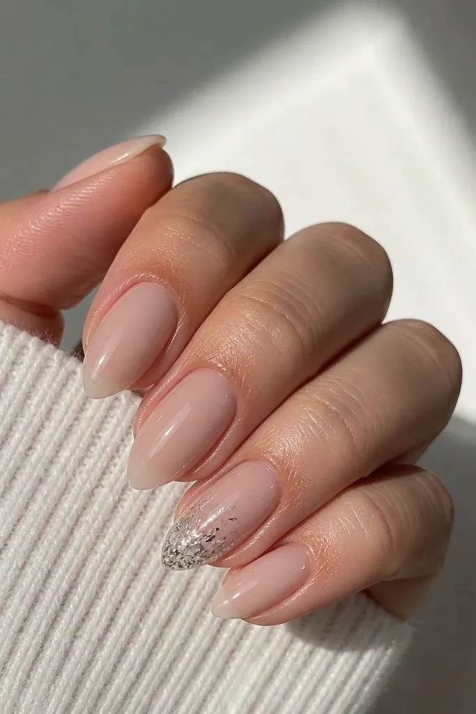Short stiletto nails in icy nude glossy. Four nails are plain; one accent nail has scattered silver flakes concentrated near the tip.