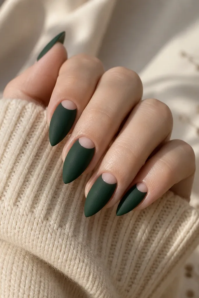 Short stiletto nails in forest green matte. Each nail has a small nude half-moon cutout painted at the cuticle area, centered and clean-edged.