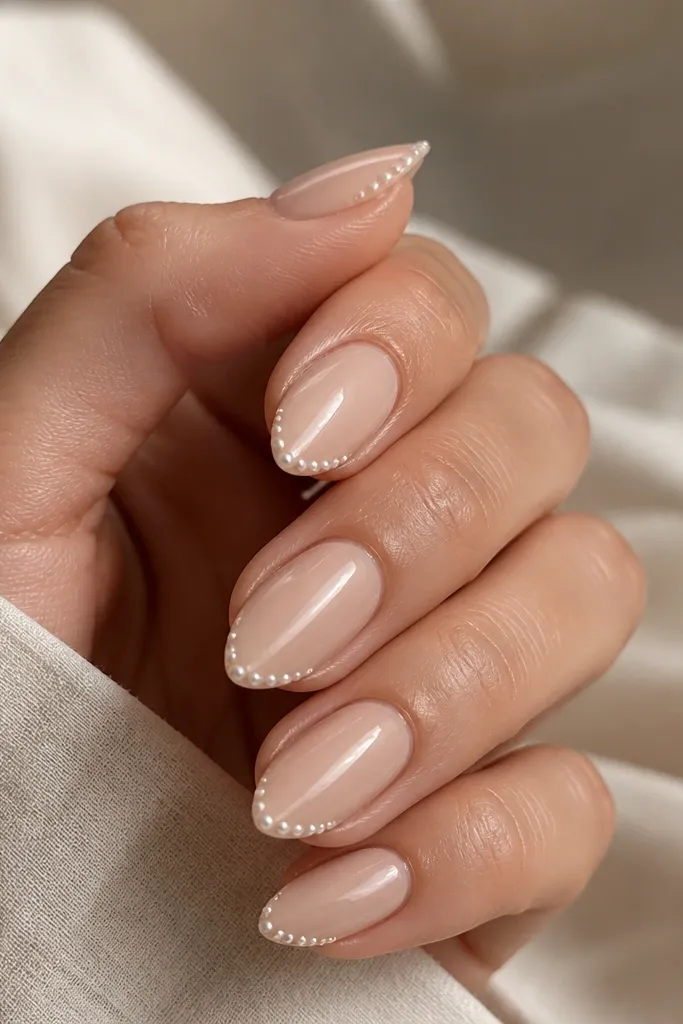 Short stiletto nails in glossy champagne nude. Micro pearl dots run in a gentle curve along the side ridge near the tip. Pearls look like tiny beads, not large gems.