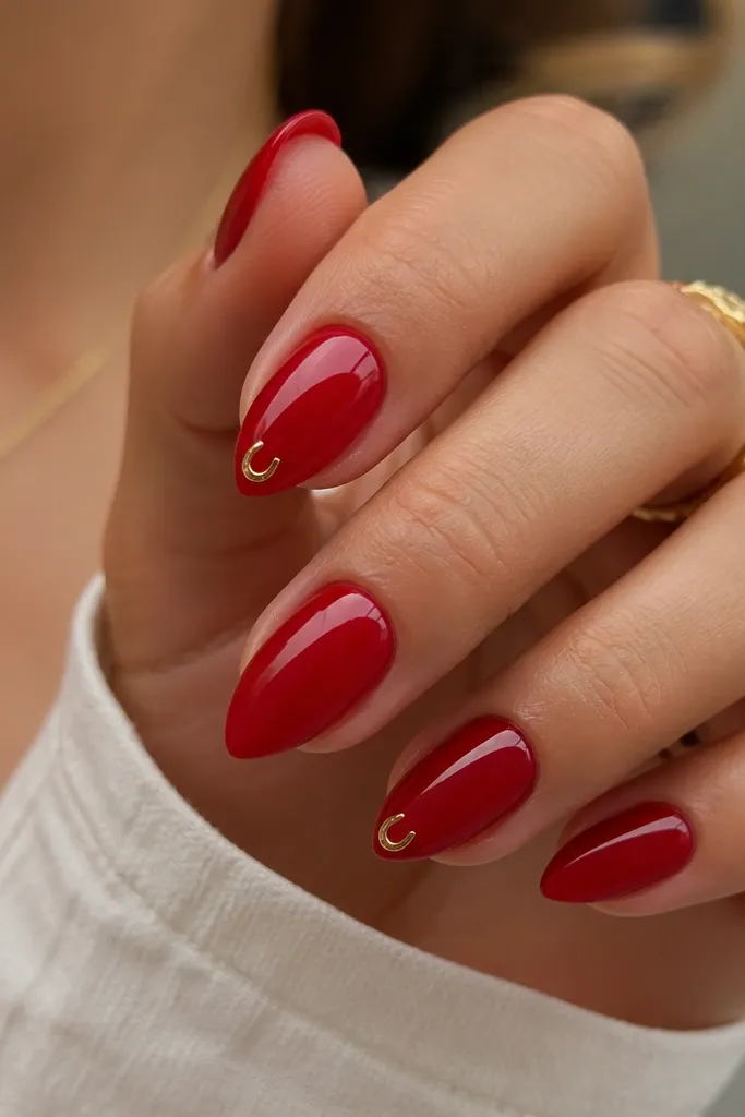 Short stiletto nails painted classic glossy red. On one or two nails, a tiny gold clasp-like shape sits at the tip center, shaped like a small U with a gap.