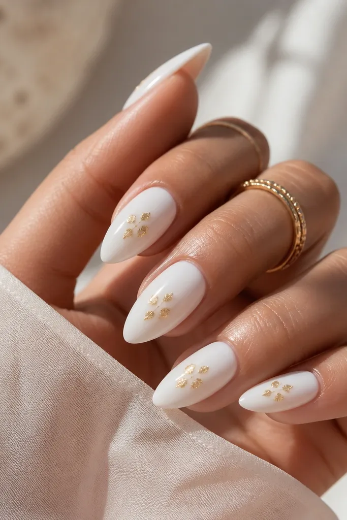 Short stiletto nails with glossy soft white base. Each nail has 3-4 tiny gold foil dots clustered around the center, like spaced confetti.