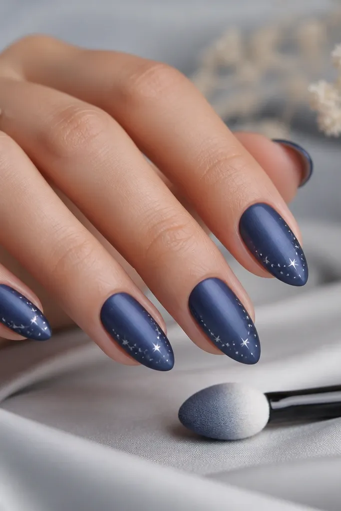 Short stiletto nails in muted navy satin finish. White micro stars are scattered lightly near the tip and along one side. A small makeup sponge tool is pictured for blending.