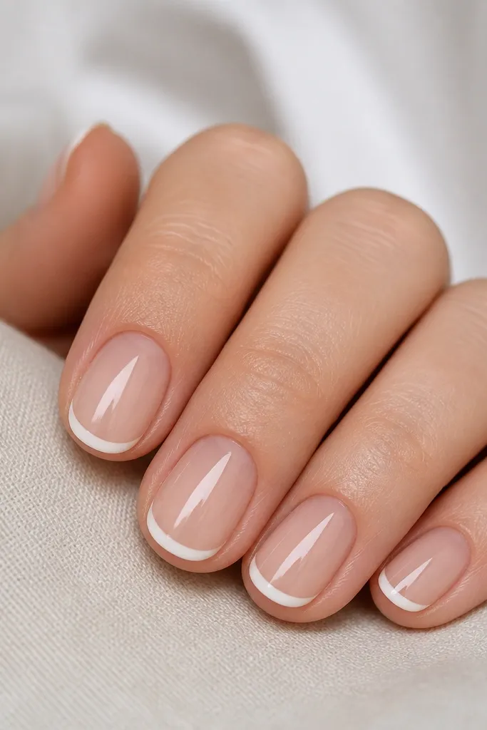 Five short nails shown from above. Each nail has a nude-buff base. The French tip is a thin, milky white arc with a small curve at the corners. Glossy finish, clean edges, no extra art.