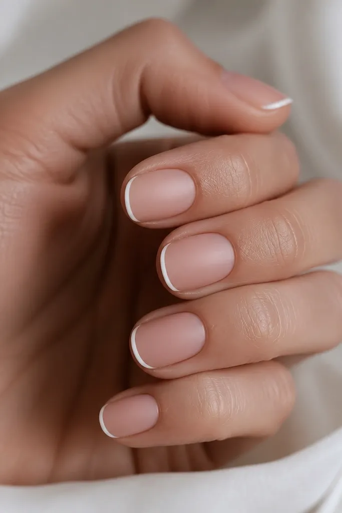 Close-up of short nails with a rosy-blush base. The white tips are extremely thin, like a pencil line, with a tiny smile curve. The nails have a satin-matte top finish.