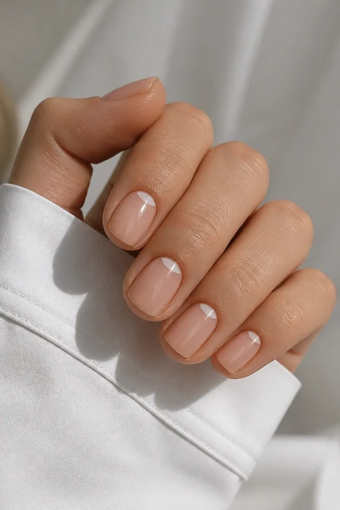 Short nails with a nude base. The cuticle area has a thin white half-moon line, not a full crescent fill. The rest of the nail is bare nude with glossy top coat.