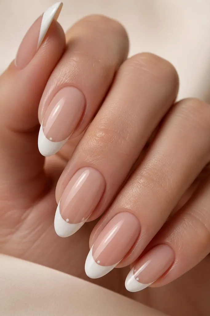 Short nails with nude base and thin white French tips. On two side corners of each nail, there are tiny negative-space dots (left clear) that look like small cutouts. Glossy finish.