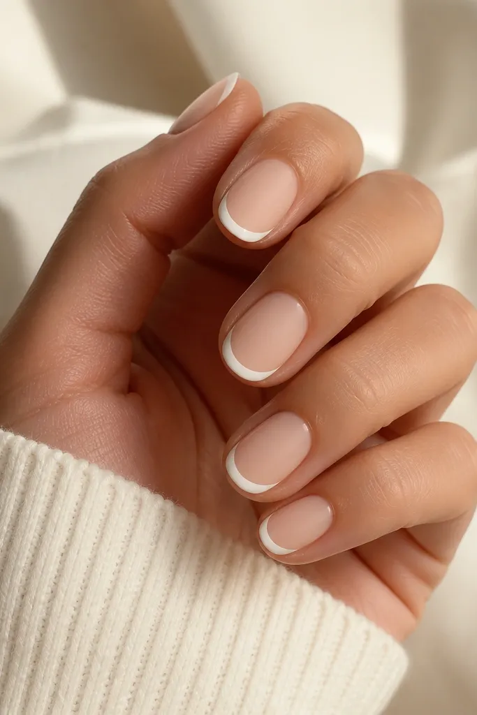 Short nails with a matte nude base. The French tips are matte white. On the inside edge of each French tip, there's a single thin glossy white stripe that catches light.