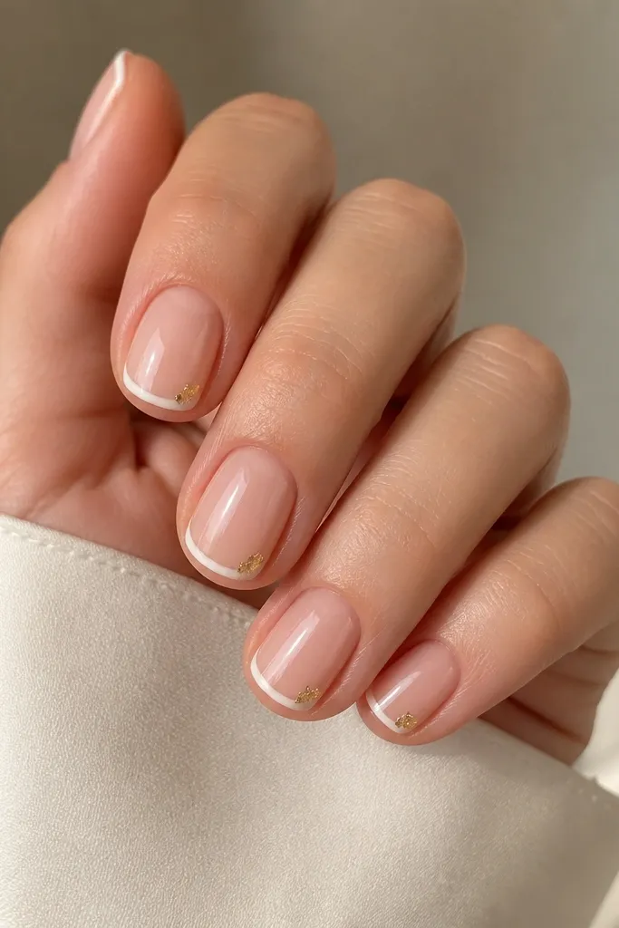 Short nails on a nude base. Each French tip is thin and white. At the outer corner of each tip, there's a small irregular gold foil fleck. Glossy top coat.
