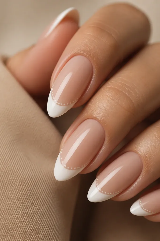 Short nails with nude base and thin white French tips. Right along the smile line there's a row of tiny white dots, evenly spaced, like a dashed outline. Glossy finish.