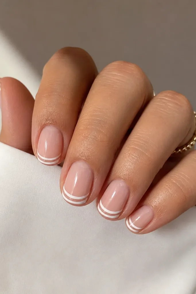 Short nails with a nude base. The French tip has two lines: an outer thin white line and an inner nude line that creates a clean gap. Glossy finish.