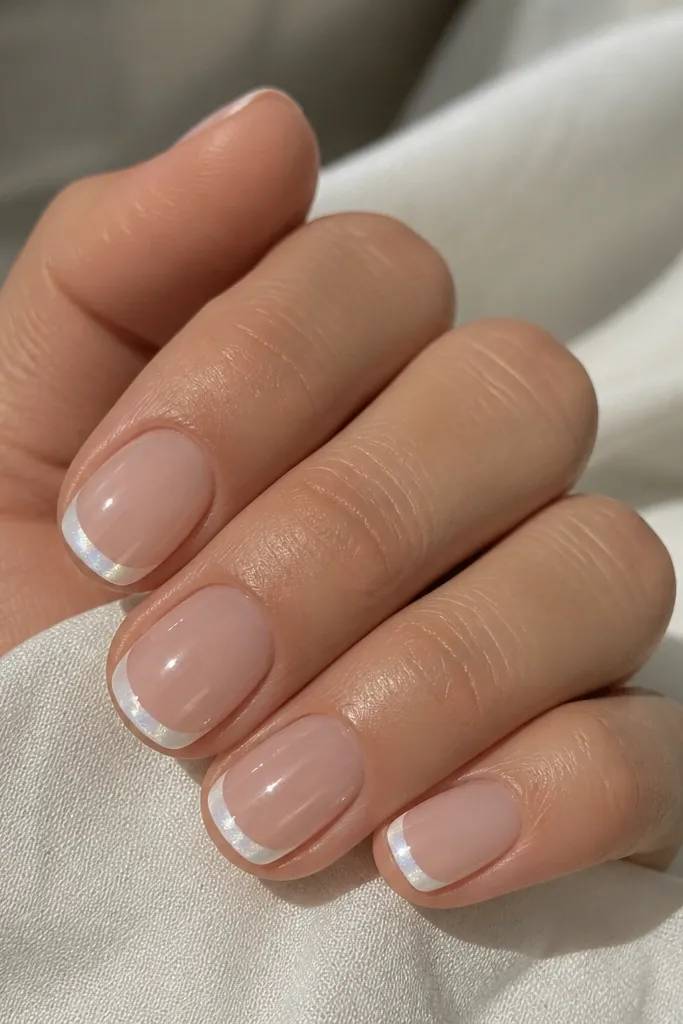 Short nails with sheer nude base. French tips are white with a subtle pearly shimmer. The shimmer is visible only in light, not glittery. Glossy finish.