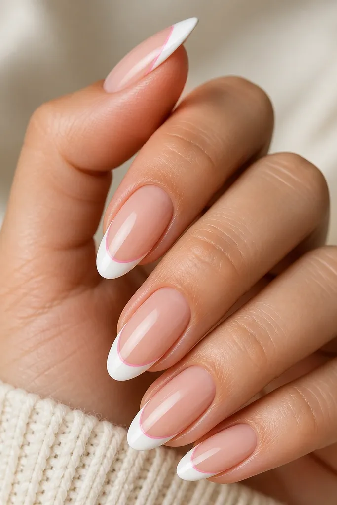 Short nails with a nude base. White French tips have a skinny blush-pink stripe running parallel inside the white edge. Glossy finish, clean linework.