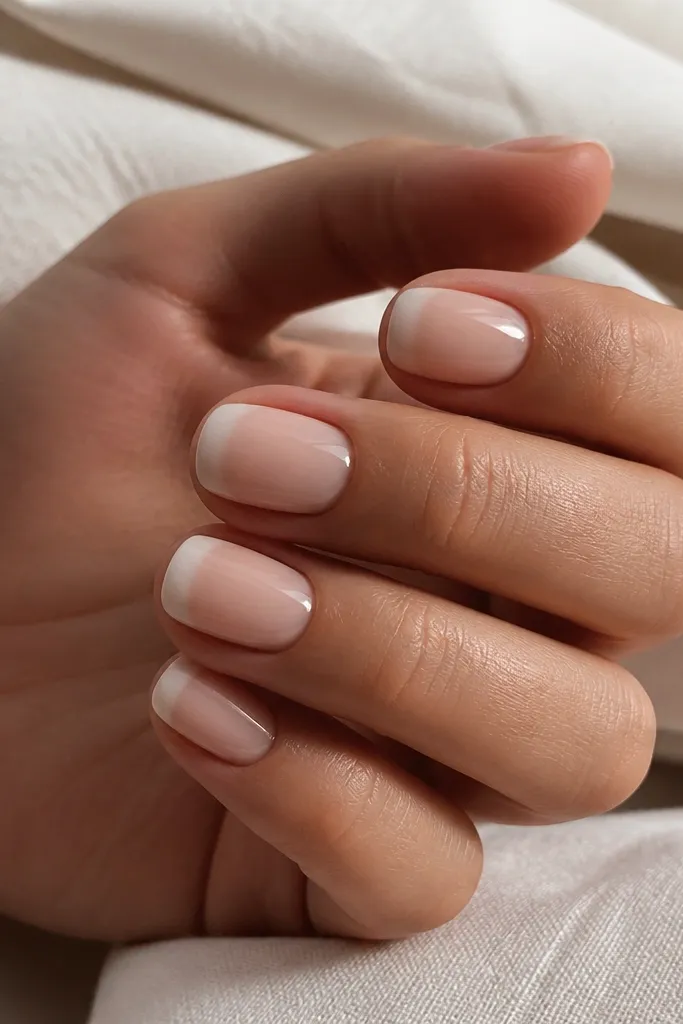 Short nails with nude base. The tip fades from nude at the inner edge into white at the outer edge, creating a soft ombre French. Glossy finish.