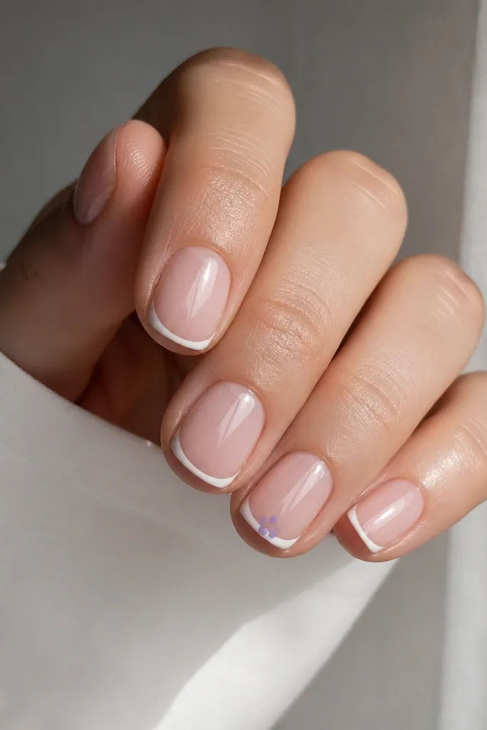 Short nails with nude base and thin white French tips. On one nail, there's a cluster of three tiny lavender dots near the center of the tip. Glossy finish.