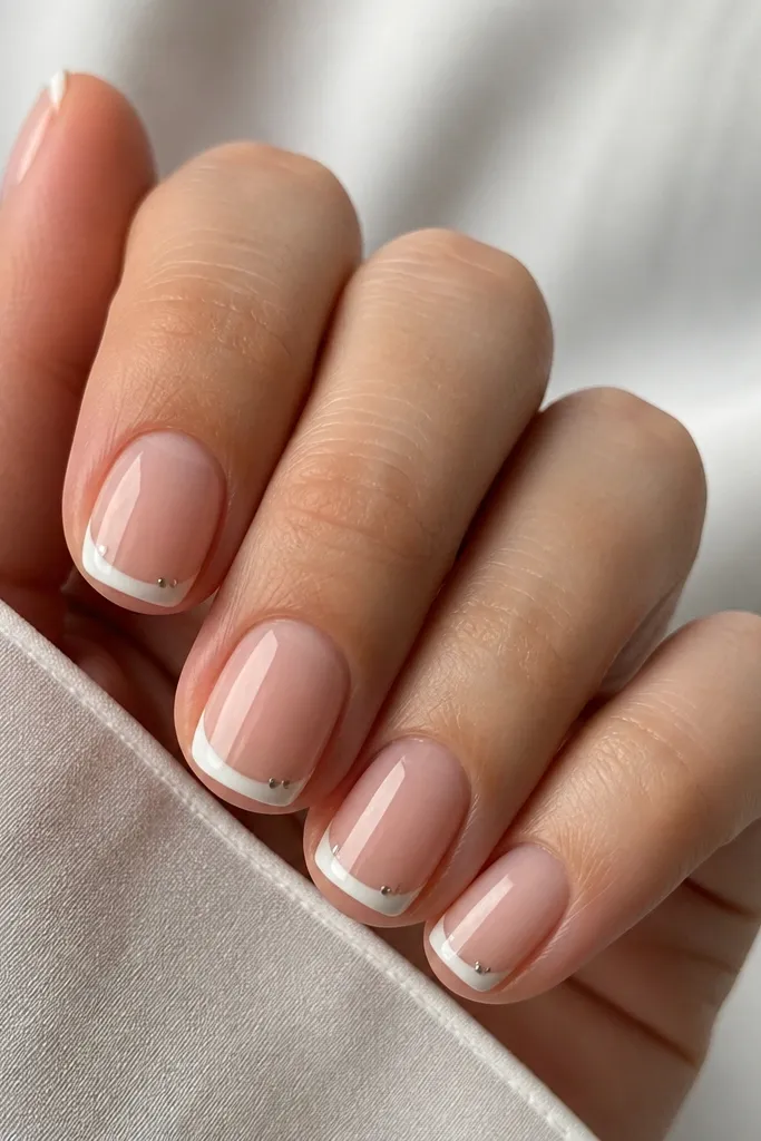 Short nude nails with thin white French tips. At both outer corners of each tip, there are two tiny silver micro studs. Glossy finish, studs are flat and smooth.