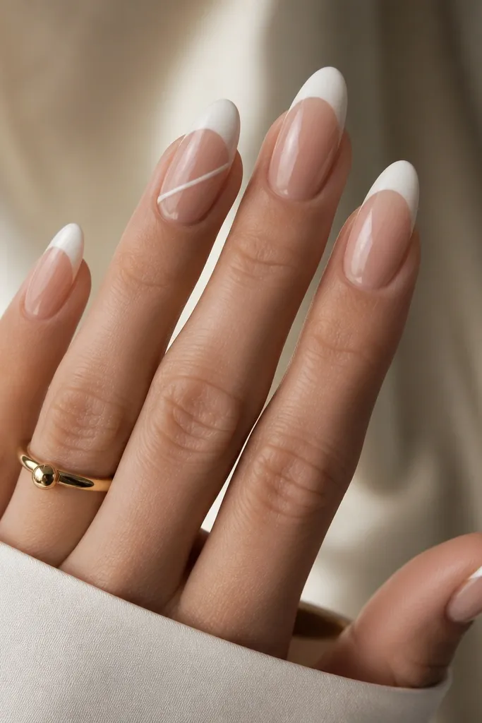 Short nails with nude base and thin white French tips. On the ring finger, there's a single thin diagonal white slash line crossing the nude area near the tip. Glossy finish.