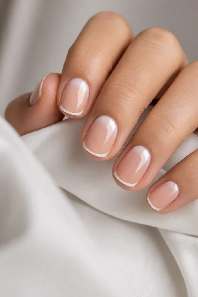Short nails with nude base. The cuticle area has a soft half-moon gradient that turns from nude to white. The tip has a thin white French line. Glossy finish.