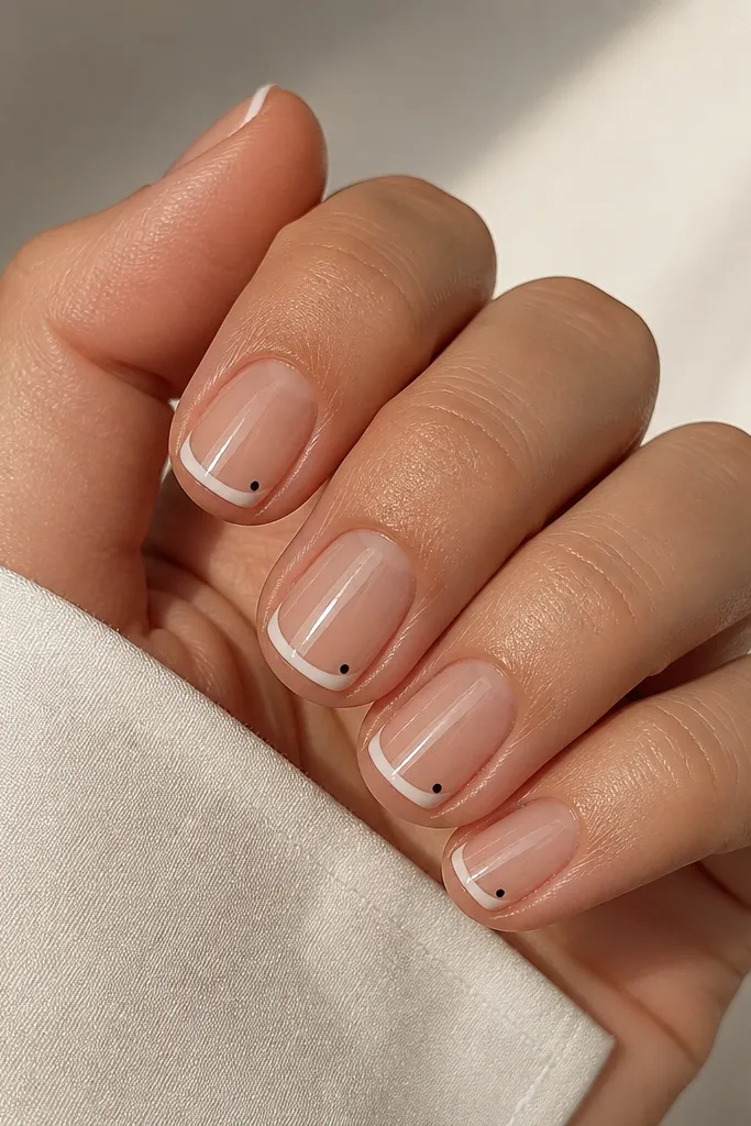 Short nails with nude base and thin white French tips. On each nail, there is a single tiny black dot near the outer sidewall right at the edge of the white. Glossy finish.