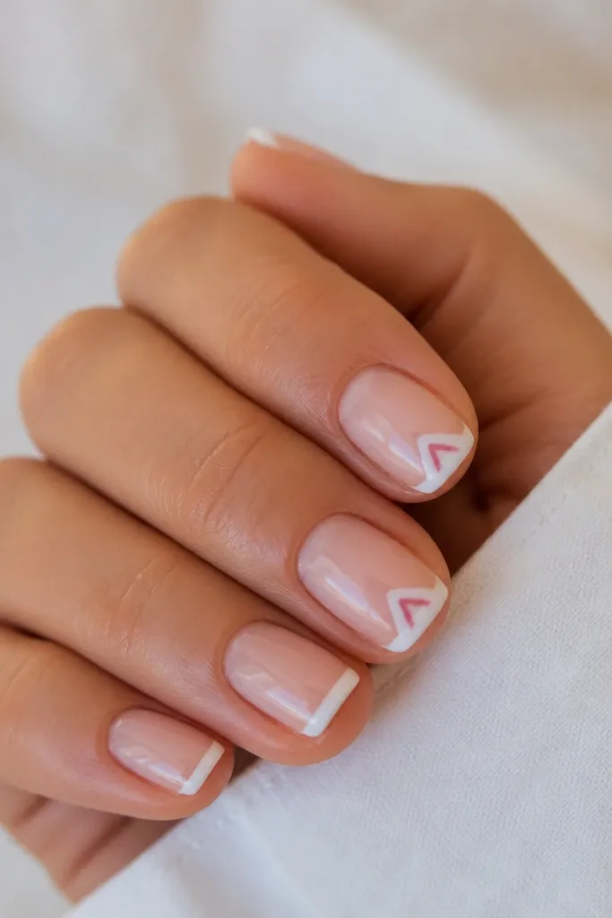 Short nails with nude base and thin white French tips. On two nails, there's a tiny rose-pink chevron pointing upward inside the white tip area. Glossy finish.