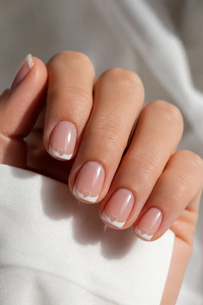 Short nails with nude base and thin white French tips. In the center of the white tip, there's a small clear heart shape (negative space). Glossy finish.