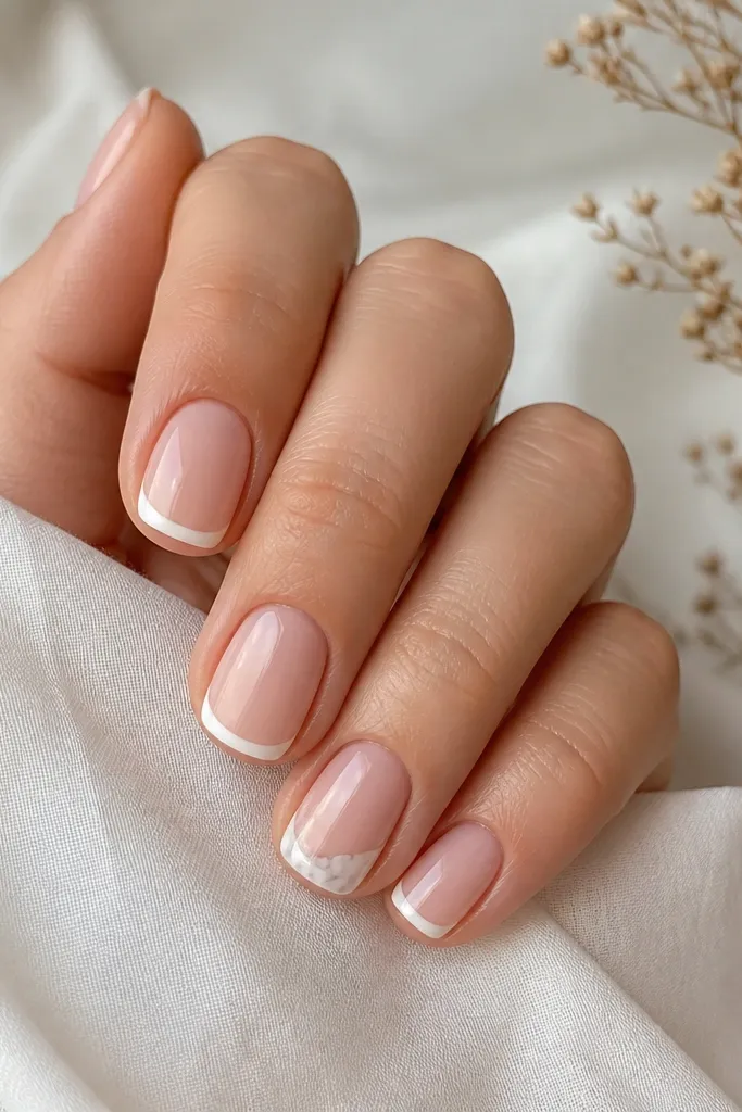 Short nails with nude base and thin white French tips. On one accent nail, the white tip area has tiny grey marble swirls on a milky background. Glossy finish.