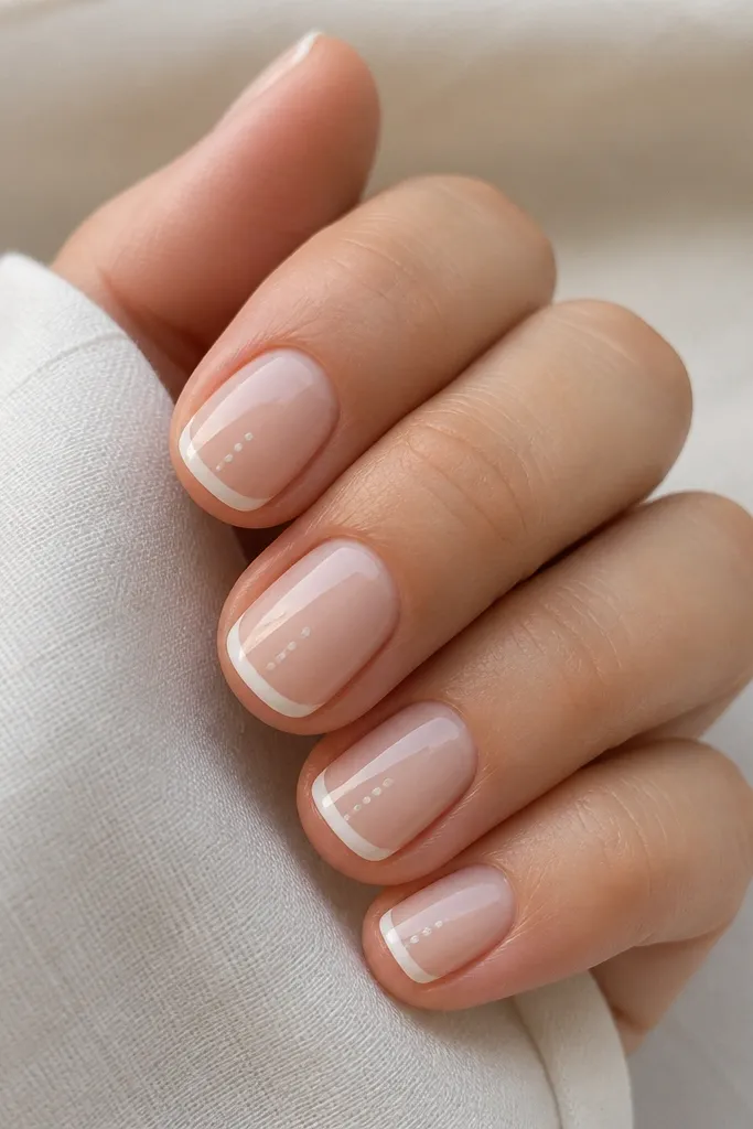 Short nails with nude base and thin white French tips. From the tip line toward the center, there's a short trail of tiny nude dots that look like a dotted line fading. Glossy finish.