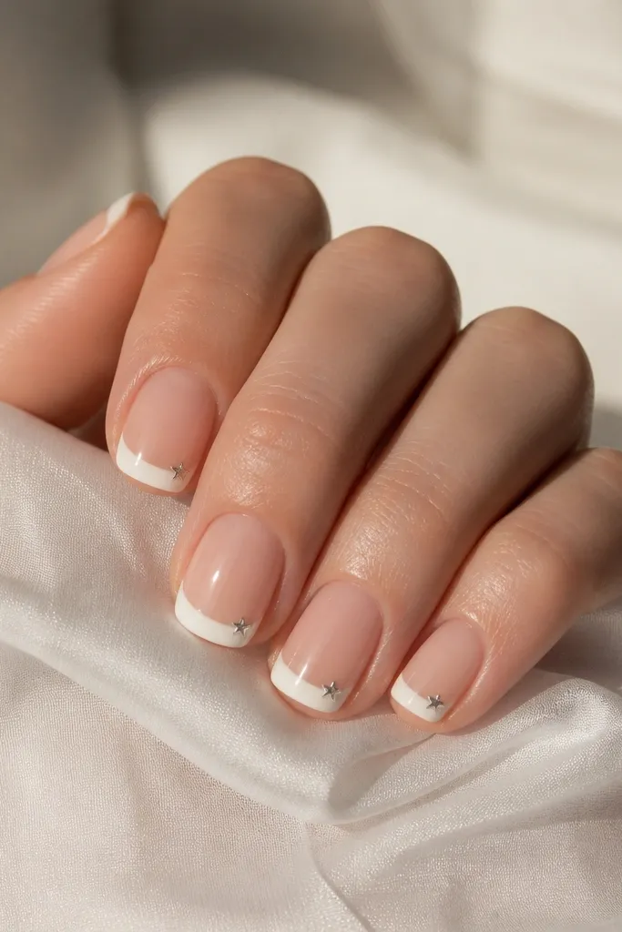 Short nude nails with thin white French tips. On each nail, there's a tiny silver star at the outer corner of the white tip. Glossy finish.