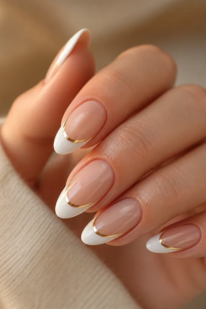 Short nails with nude base and thin white French tips. Right under the smile line (on the nude area), there's a thin gold line following the curve. Glossy finish.