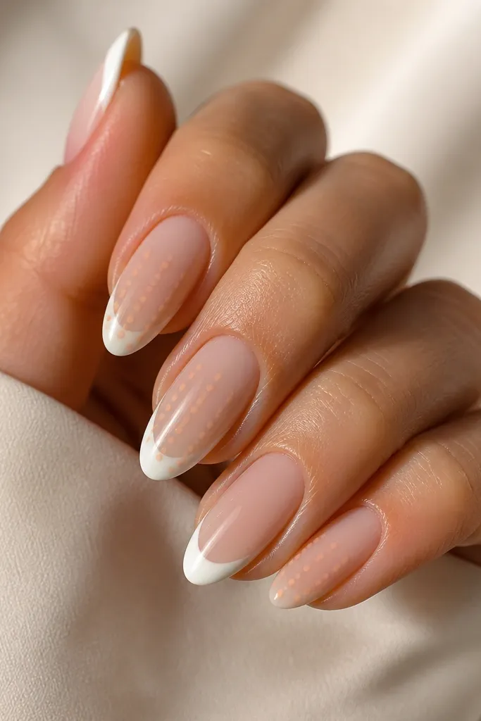 Short nails on nude base. Thin white French tips. Inside the white tip on two nails, there's a tiny soft peach micro dot grid pattern. Glossy finish.