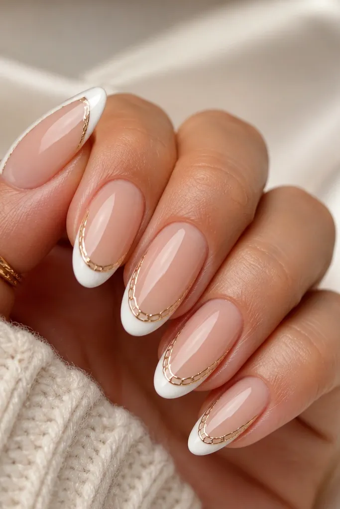 Short nude nails with thin white French tips. On one nail, there's a tiny chain-link line drawn in silver across the white tip area. Glossy finish.