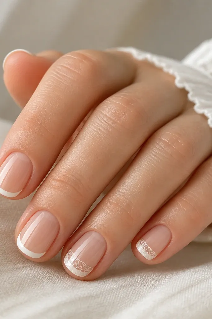 Short nails with nude base and thin white French tips. One or two nails have a faint lace-like stamp pattern in white across the tip area. Glossy finish.