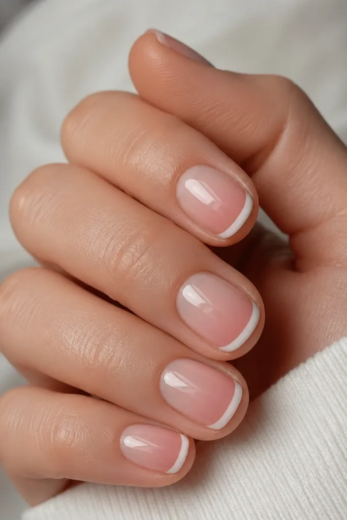Short nails with nude base. Thin white French tips. Under the smile line, there's a soft blush shadow that fades into the nude. Glossy finish.