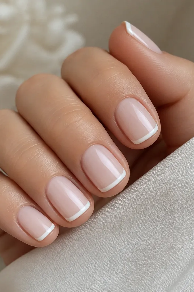Five short nails with a pale nude base and a very thin bright white French tip. The white smile line is straight and slightly arched, with clean edges and a glossy top coat.