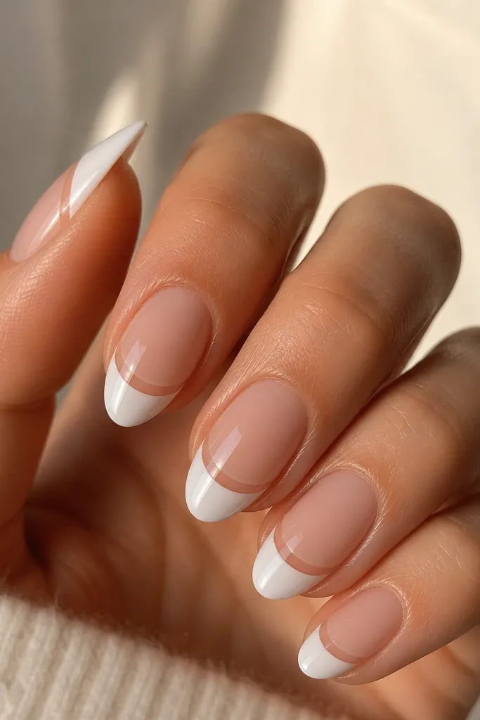 Short nails where the tip has a white "cap" shape covering the very end, but the sides show nude negative space. The cap sits centered with a crisp boundary.