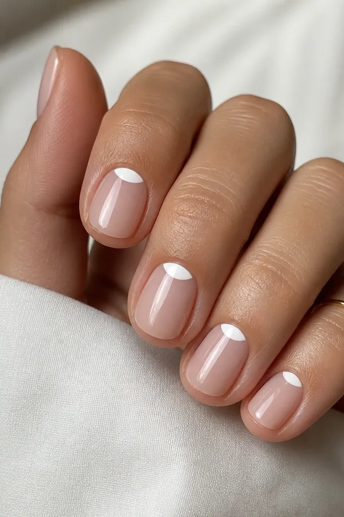 Short nails with a sheer pink nude base. A crisp white half-moon sits right at the cuticle curve, leaving the rest of the nail clear and glossy.