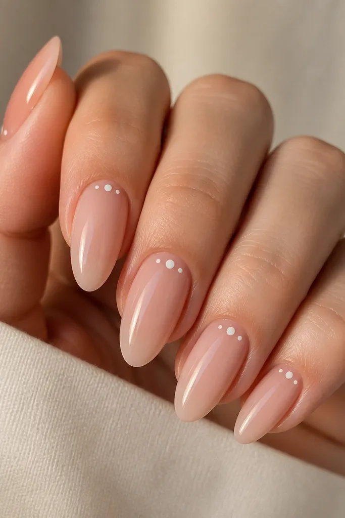 Short nails in sheer nude. Tiny white dots sit in the top outer corners of each nail, like small spark points, with glossy finish.