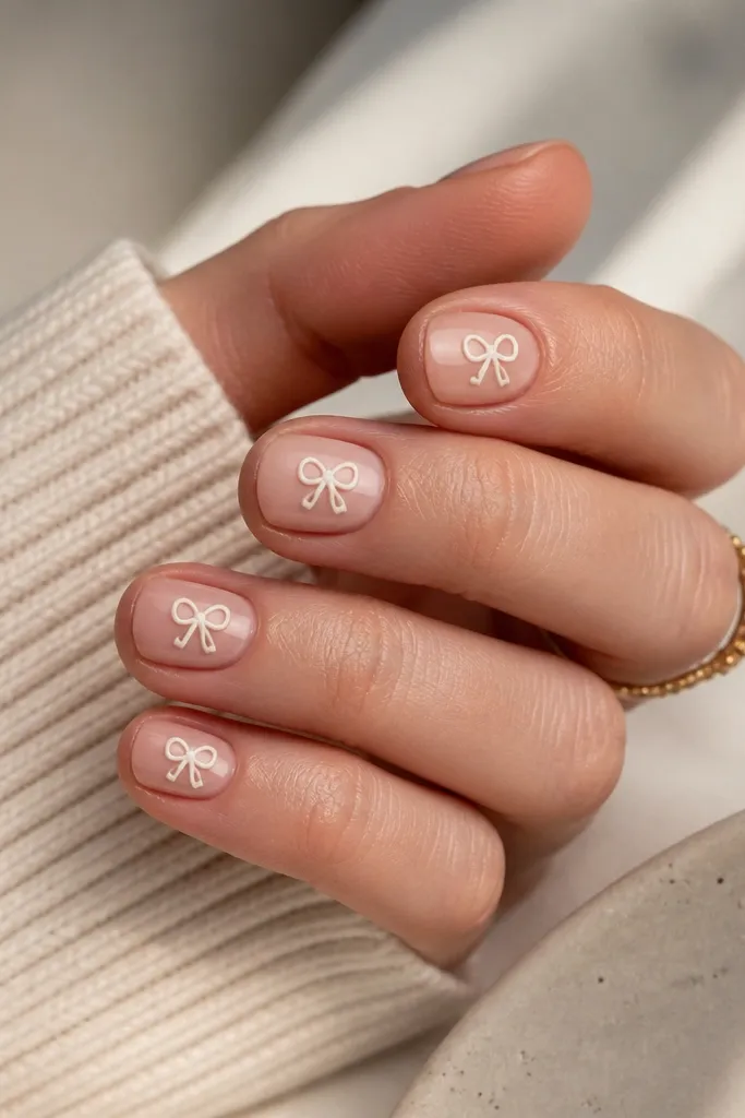 Short nails with a nude base and small white bow accents on the center of each nail. The bows are outlined cleanly with a slight 3D feel.