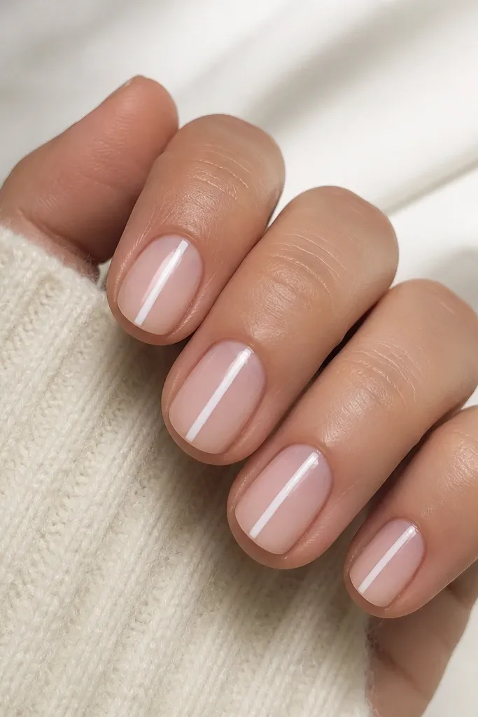 Short nails with a sheer nude base. A single vertical white stripe runs down the middle of each nail, stopping above the very tip line, glossy finish.