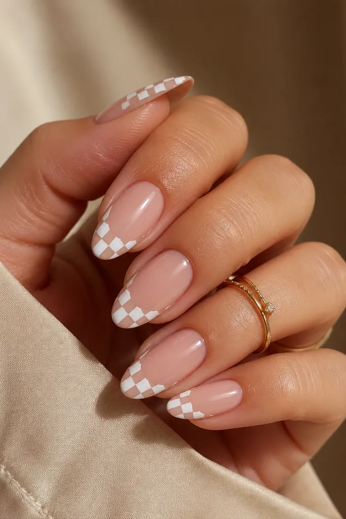 Short nails with a nude base and a white checker pattern in a small band across the tip. Each square is tiny and evenly spaced, glossy top coat.